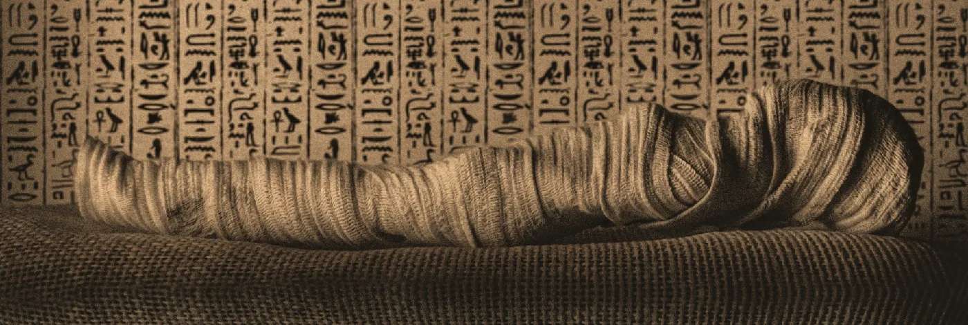 Momia egipcia frente a un muro con jeroglíficos. Momia egipcia frente a un muro con jeroglíficos.